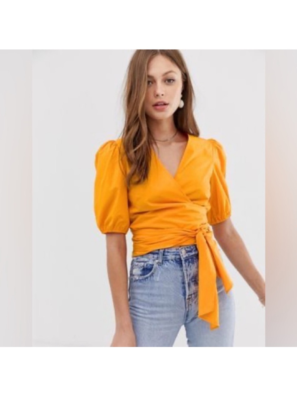 Mango Orange Wrap Blouse with Puff Sleeves